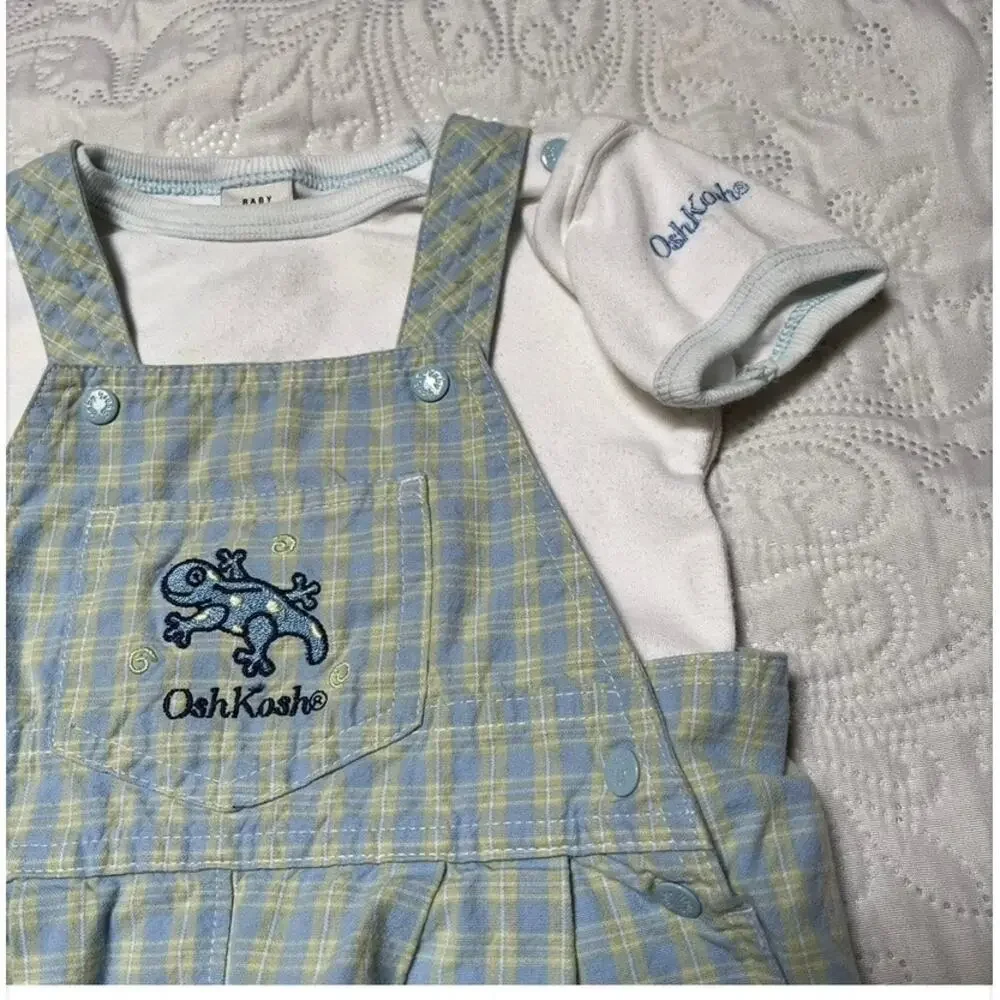 Vintage OshKosh Lizard Plaid Overalls and Logo Shirt Size 6-9m